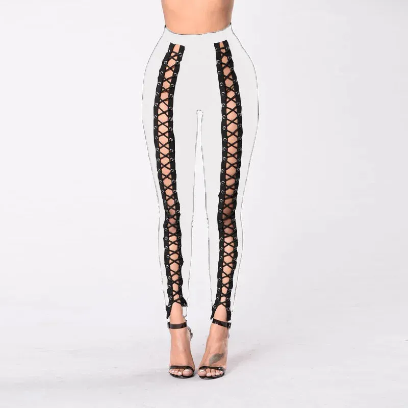 Women Black Leggings Sexy Strapping Rope Slim Fit Pants