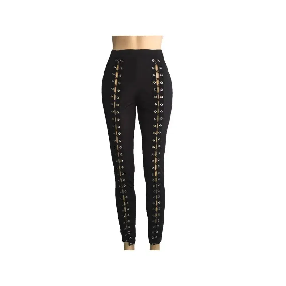 Women Black Leggings Sexy Strapping Rope Slim Fit Pants