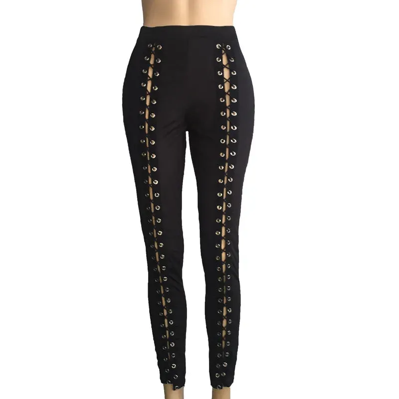 Women Black Leggings Sexy Strapping Rope Slim Fit Pants