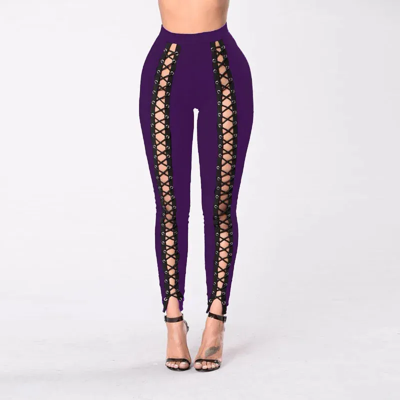 Women Black Leggings Sexy Strapping Rope Slim Fit Pants