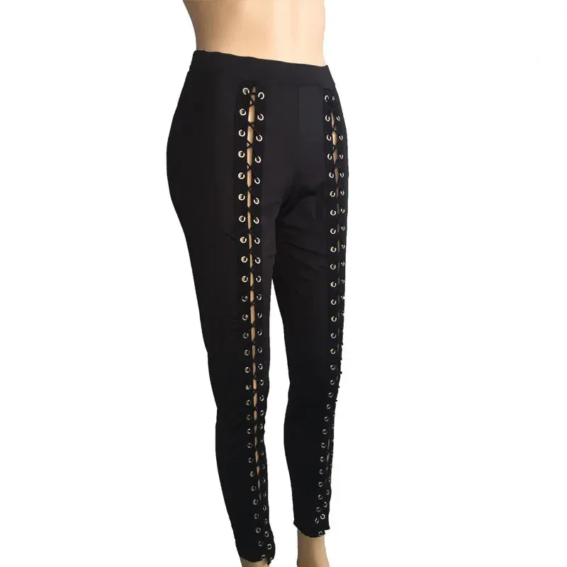 Women Black Leggings Sexy Strapping Rope Slim Fit Pants