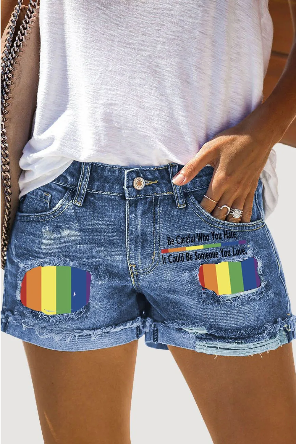 Womens Rainbow Patch Ripped Denim Shorts Summer Distressed Pride Short Jeans